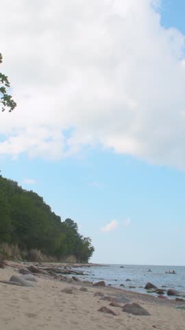 A sandy seashore with a tree-lined slope. Summer panorama of the beach with Mediterranean nature. Trees and bushes on the slope by the water.