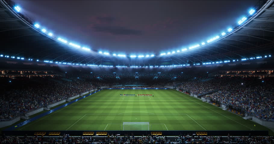 Football Championship Stadium Opening Ceremony of World League Cup Match Game as Teams Line up for Kick-off and Fireworks Explode Above the Pitch, Big Event. Static Wide Shot