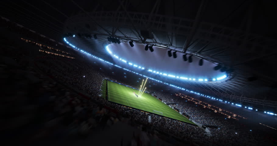 Soccer Championship Stadium Game Start Teams Ready. Opening Ceremony Match Beginning with With Fireworks for a League Cup World. Wide Aerial Angle Flying around Pyrotechnics, Field and Crowd.