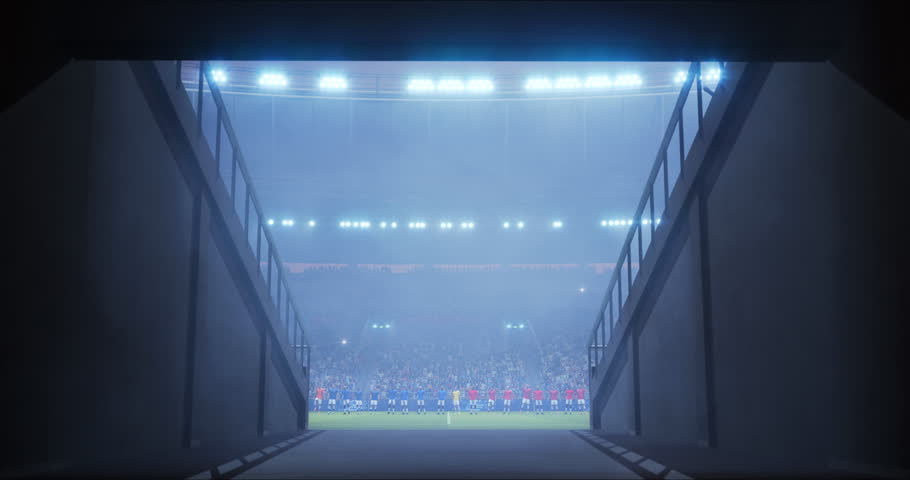 Football Championship Stadium Opening Ceremony, Teams Lineup Standing, Ready for a Match. League Cup World Match Game. Moving Camera Tunnel Wide Field Shot.