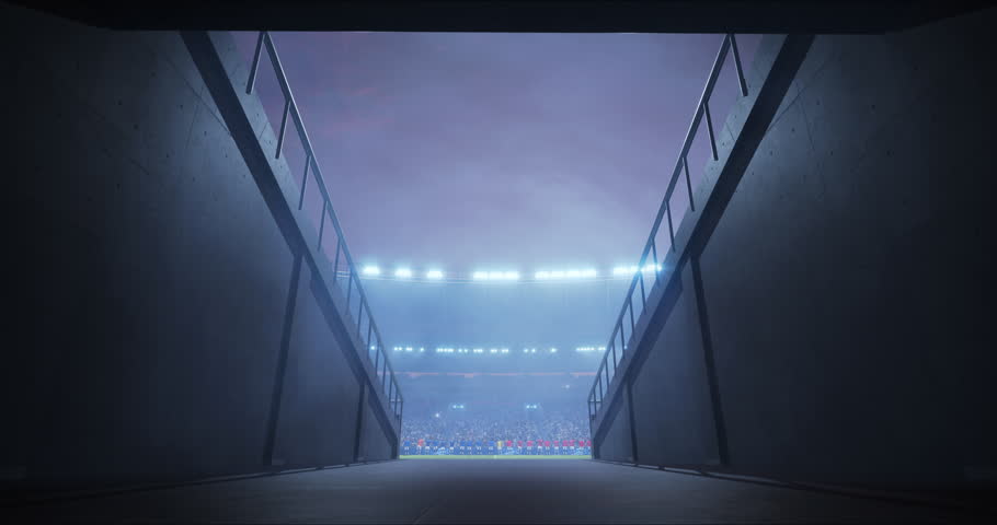Soccer Championship Stadium Opening Sets a World League Cup Match Game Ceremony Before Kick-off, With Football Teams Lined up for Anthem. Slow Camera Movement Through Tunnel Toward a Wide Field View.