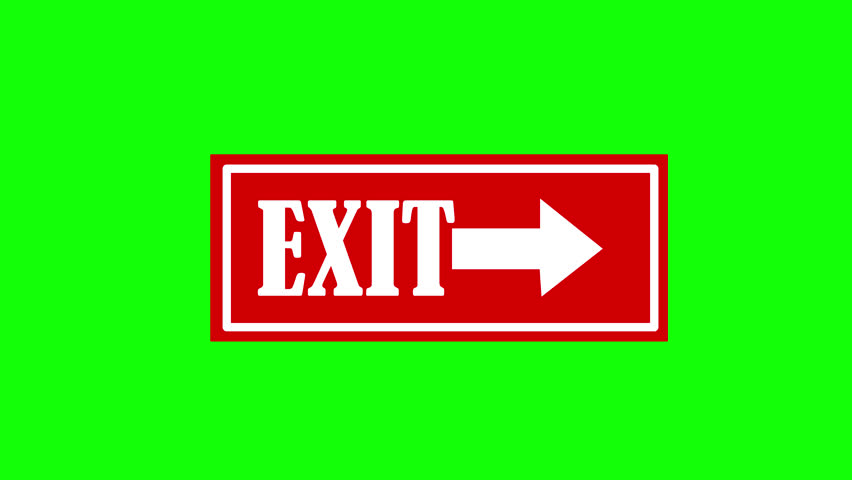 Exit sign with arrow on green screen background animation
