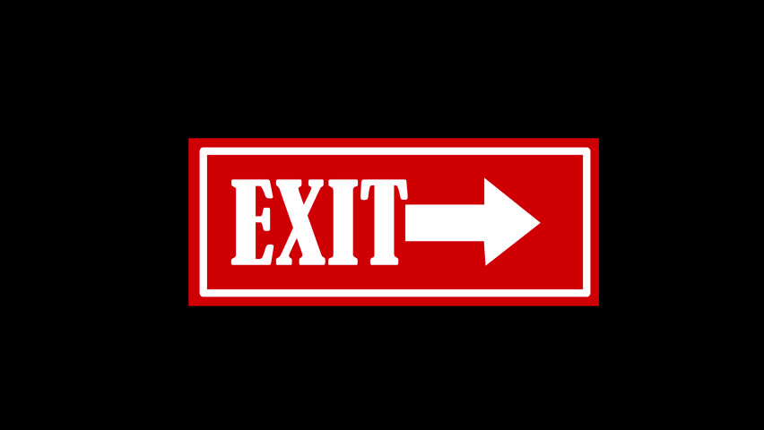 Exit sign with arrow on black background animation
