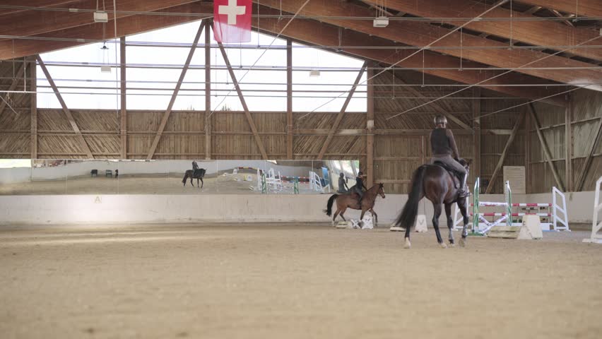 Professional jockey riding a beautiful brown horse in a sandy indoor manege during a training session