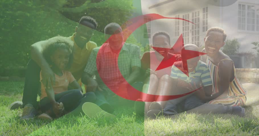Adult tapping smartphone, family leaning in on lawn viewing content, tech flag overlaying family. Grandparent, parents, children, outdoors, frontyard, garden, multigenerational