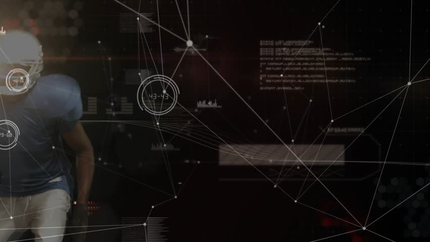 Entering left frame football player advancing holding ball to protect HUD tracking red readouts. Athlete, helmet, jersey, gloves, dynamic, futuristic, studio