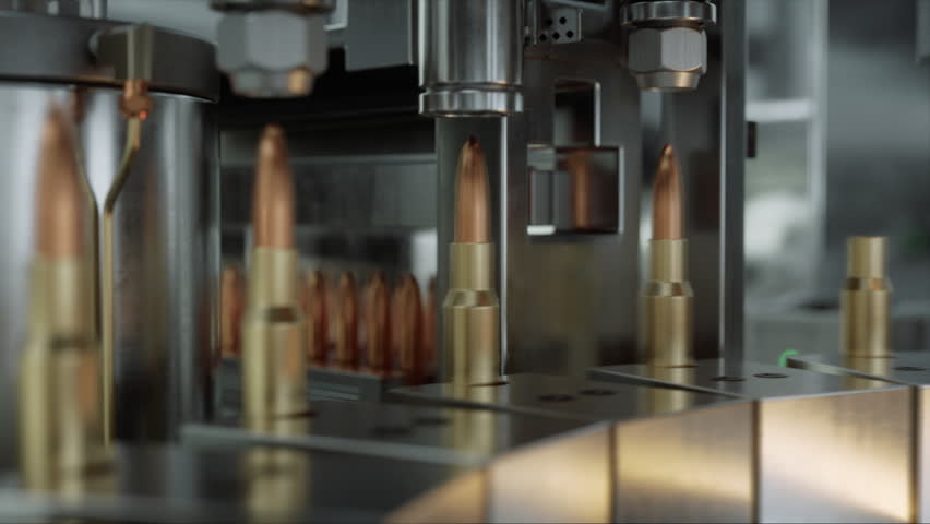 Automated Bullet Production Line Moves Ammunition Rounds Through Precision Stations as Advanced Machinery Charges Projectiles, Casings, Military Defense Complex Factory. Looped Static Time-Lapse Shot