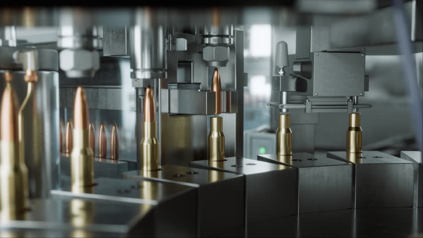 Bullet Manufacture Machinery Installs Projectiles Into Casings on Precision Conveyor Line, Showing Automated Ammo Assembly Inside a Secure Military Defense Production Facility. Defence Ministry of War