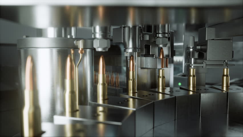 Automated Ammunition Line Assembles Weapons Cartridges as Cases Advance on Conveyor, Bullets Are Seated and Aligned by Industrial Machinery for Military Armament and Defense Production
