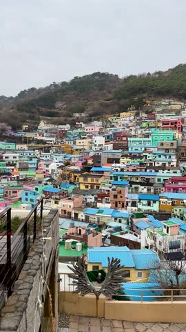 Gamcheon Cultural Village with colorful houses panning footage in Busan, South Korea
