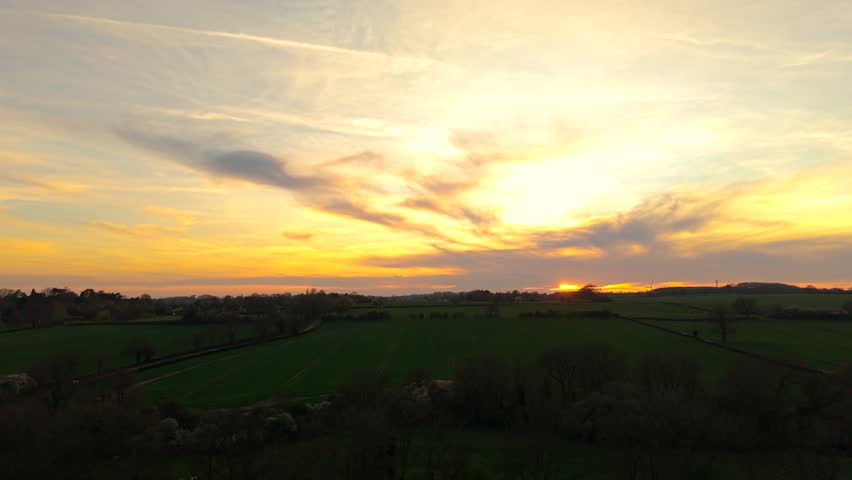 Wheat field green crops growing across farmland with sunset sky and distant trees. Agricultural land divided into plots with visible planting lines. Farming countryside during evening with cereal crop