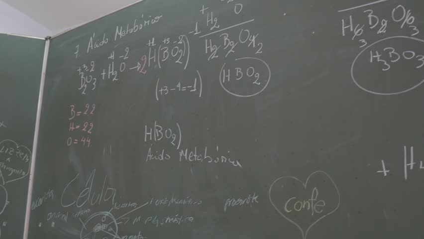Close-up of a chalkboard filled with handwritten chemistry formulas. White chalk marks show chemical equations and molecular structures. Background suggests classroom or lab setting