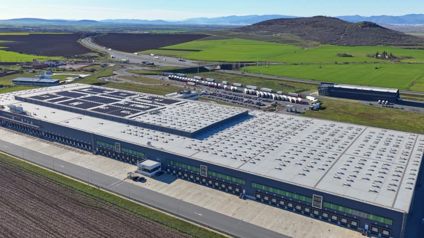 Aerial drone view to big transport logistics center on the Trakia motorway near to Sliven, Bulgaria