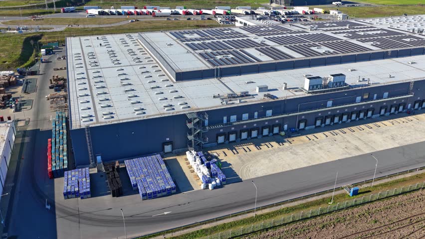 Aerial drone view to big transport logistics center on the Trakia motorway near to Sliven, Bulgaria