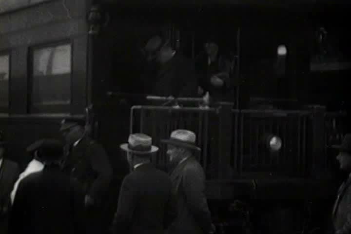 1920s - Thomas Edison, Herbert Hoover and Henry Ford arrive on an old fashioned train.