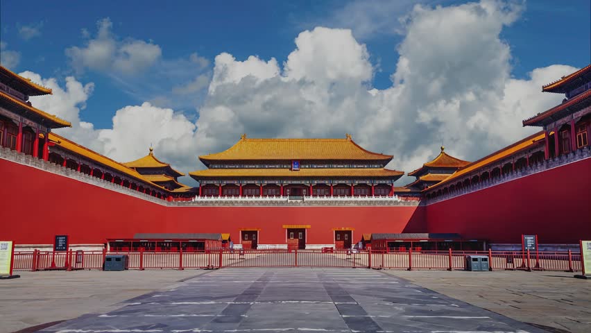 Timelapse video of the Meridian Gate at the Forbidden City, capturing the movement of clouds and people around this iconic historical site in Beijing.