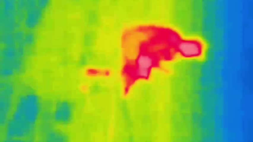 A man sits in the lotus position and does exercises. Image from thermal imager device. Vertical Video
