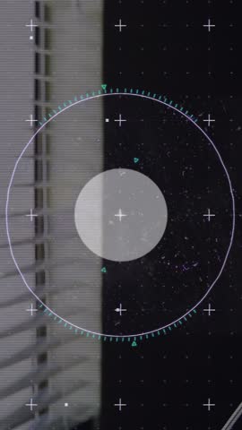 Circular digital HUD overlay is rotating rings and scanning avatars on dark panel by blinds. Radar, interface, monitoring, silhouettes, profiles, futuristic, vertical video