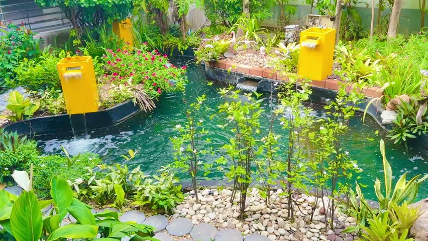 Garden Water Feature Pond, Decorative Fountain and Landscaping Design, Lush Green Plants Water Feature Resort, fountain in the garden