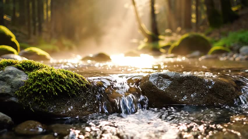 Water flows through rocks in a forest with sunlight shining down