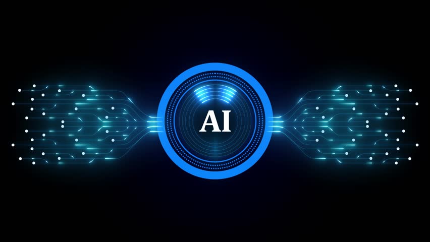 Glowing HUD circle with AI circuit board and electronic details on dark backdrop with dotted halftone effect. Futuristic FinTech AI background. Elements for UI and GUI design