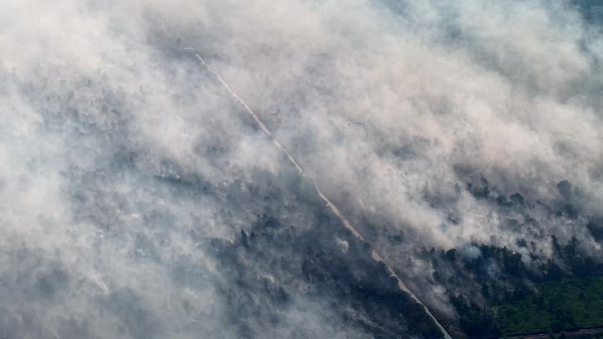 Thick smoke rises from forest fire. Smoke drifts across darkened mountains. Aerial view shows fire