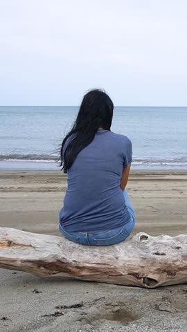Back view of a girl sitting on a sea log and looking at the sea