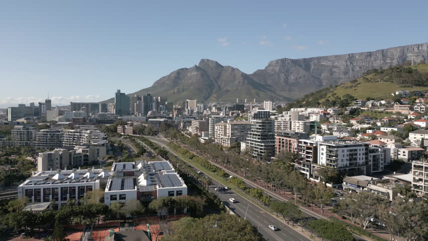 Aerial Drone Shot of Cape Town Downtown Cityscape, Urban Skyline and Central Business District in South Africa