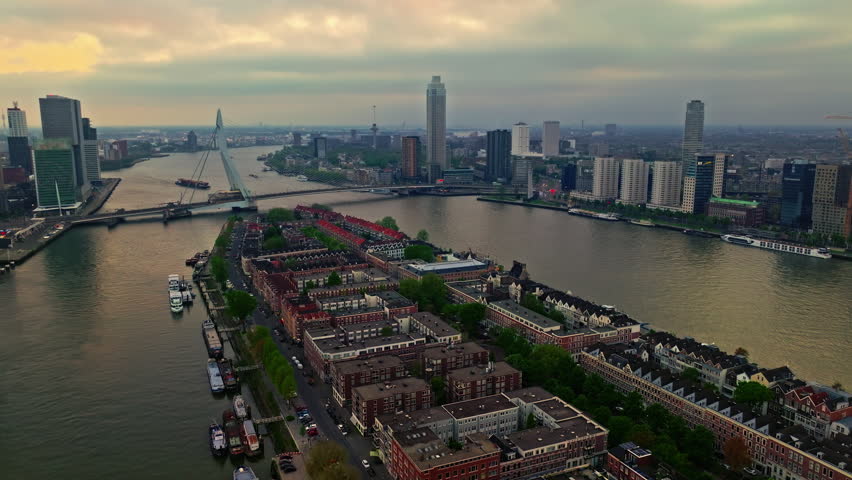 Aerial view of the city of Rotterdam, one of the largest ports in Europe. Panorama of the city with modern architecture and port infrastructure