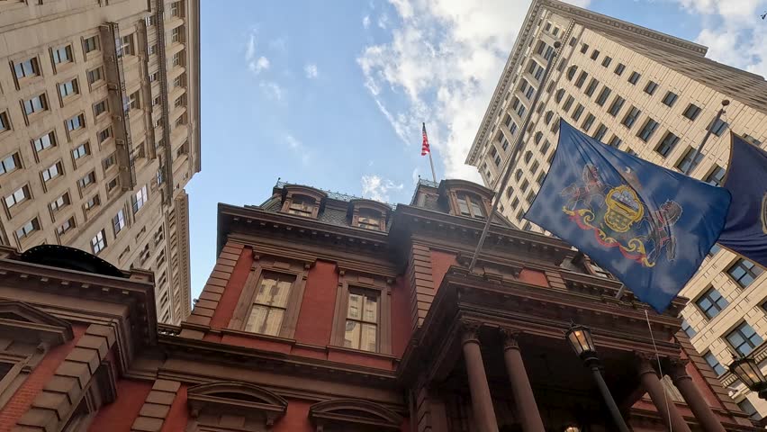 Footage of office buildings and skyscrapers in Philadelphia Pennsylvania USA