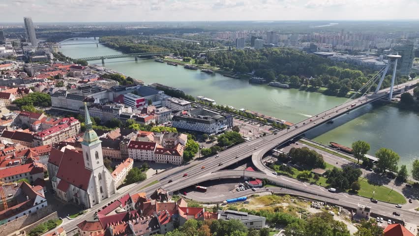 Panoramic drone view of Bratislava skyline and urban landscape.