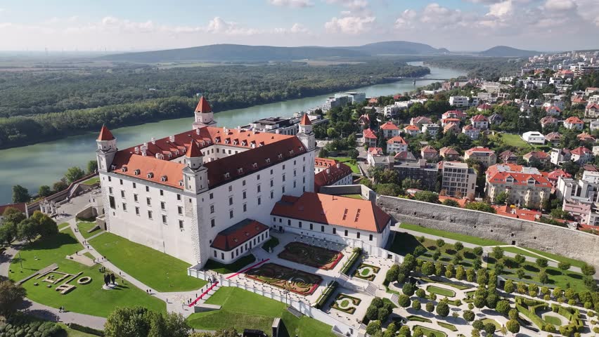 Drone shot of Bratislava river and bridge scenic landscape.