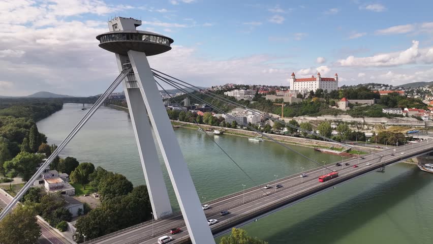 Aerial view of bridge crossing Danube river Bratislava.