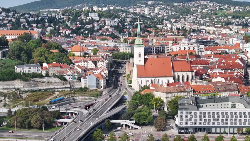 Aerial view of St Martins Cathedral in Bratislava skyline.