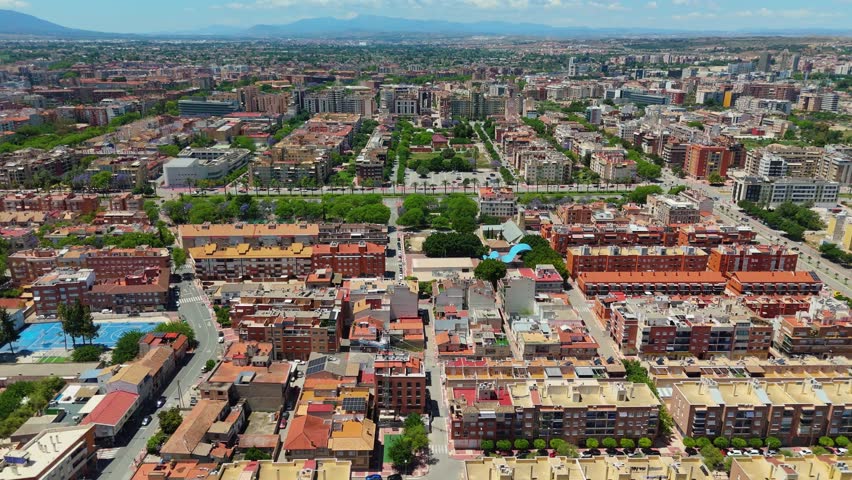 Aerial 360 view of Murcia city skyline in southeast Spain, showing urban landscape, architecture and panoramic city scenery on a clear sunny day