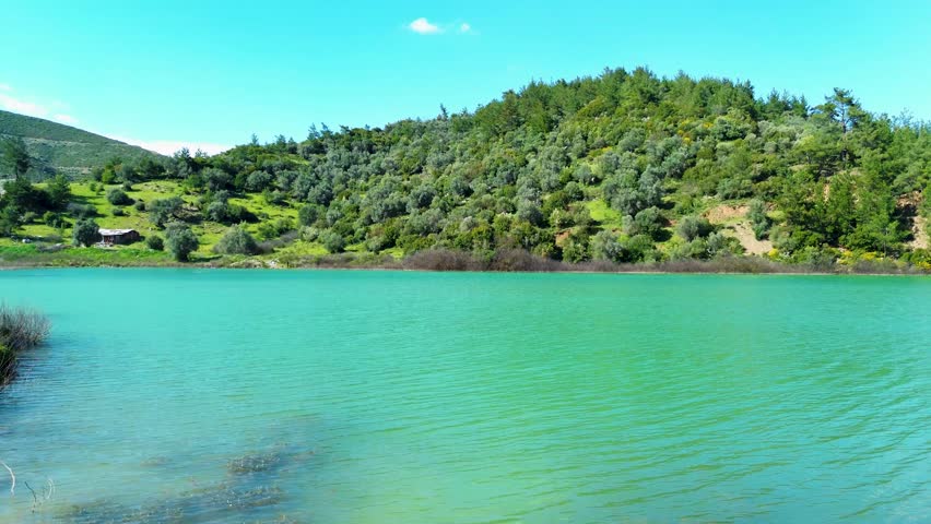 An aerial view captures a vibrant turquoise lake bordered by rolling green hills covered in dense vegetation and scattered trees