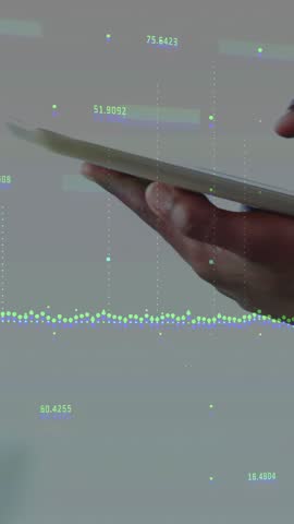 Tapping man holding tablet at studio, in light shirt and showing ring, mapping particle overlays. Dataviz, device, analytics, interface, portrait, minimalist, vertical video