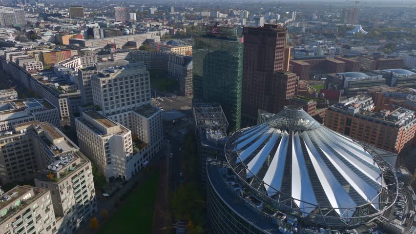Aerial Shot of Modern architecture buildings, Potsdamer Platz, Potsdam Square, in the city centre, Berlin, Germany.