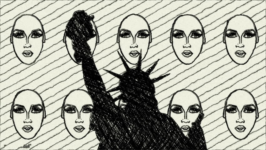 Hand Draw Statue Of Liberty Silhouette With Repeated Faces