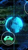 Vertical video: CO2 badge appearing, globe rotating, HUD animating, showing climate market metrics. Dashboard, visualization, neon, futurism, interface, analytics, vertical video - Powered by Shutterstock - Get 15% off with code: PIKWIZARD15