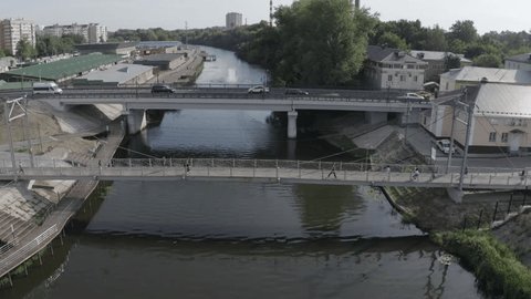 Aerial Ascending View of River Bridges in Noginsk