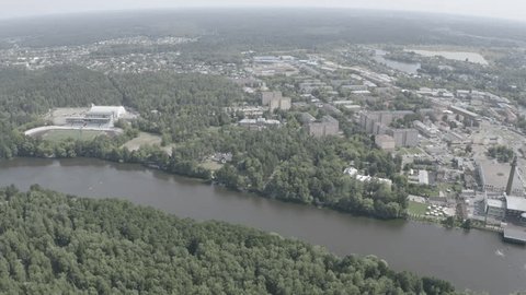 Drone Descending Sideways above River Noginsk