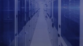 Vertical video: Server rack moving, HUD overlaying animated map after network scan for monitoring. Data, analytics, visualization, holographic, corridor, neon, futuristic - Powered by Shutterstock - Get 15% off with code: PIKWIZARD15