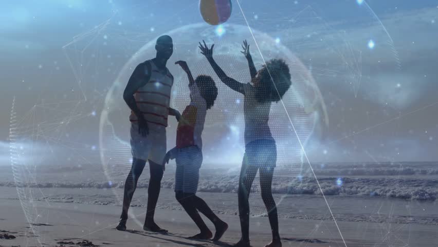 Parent watching, children tossing multicolored beach ball for play, tech globe overlay sweeping. Silhouette, coastal, family, playful, sunny, outdoor, horizon