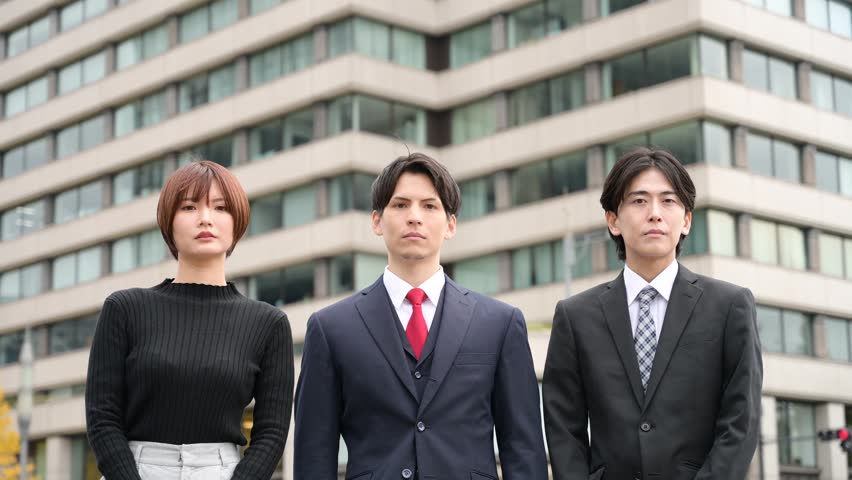Japanese men and women standing side by side looking at camera