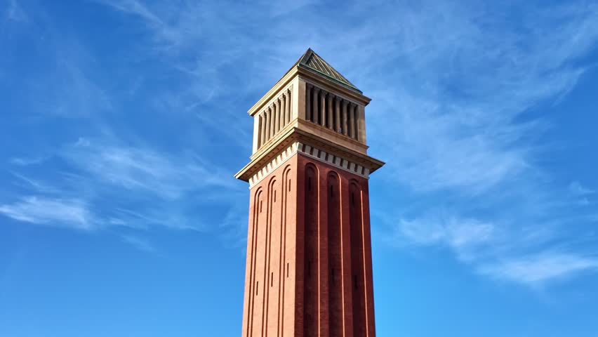 The red brick Venetian Towers right pair of towers as Barcelona city ornamental attraction, Catalonia, Spain