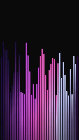 Abstract equalizer bars in shades of purple and pink pulsate rhythmically against a stark black background, creating a dynamic visual representation of sound.