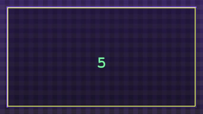 Countdown digital animation features numbers five through one on a vibrant dark purple background with a retro graphic style