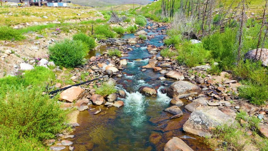 Drone POV following an Alaska style wilderness creek through a broad valley with rocky shallows vivid green banks sparse timber and distant mountain layers under bright summer clouds above