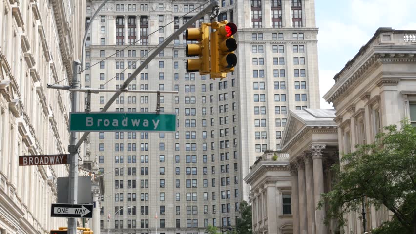 New York City Downtown Civic Center, United States of America. Manhattan municipal building 1914 old historic architecture. Government administration authority. Broadway street sign, Chambers street.